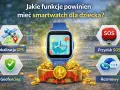 Niebieski smartwatch dla dzieci z dinozaurem na ekranie, otoczony ikonami GPS, SOS, rozmów i geofencingu.