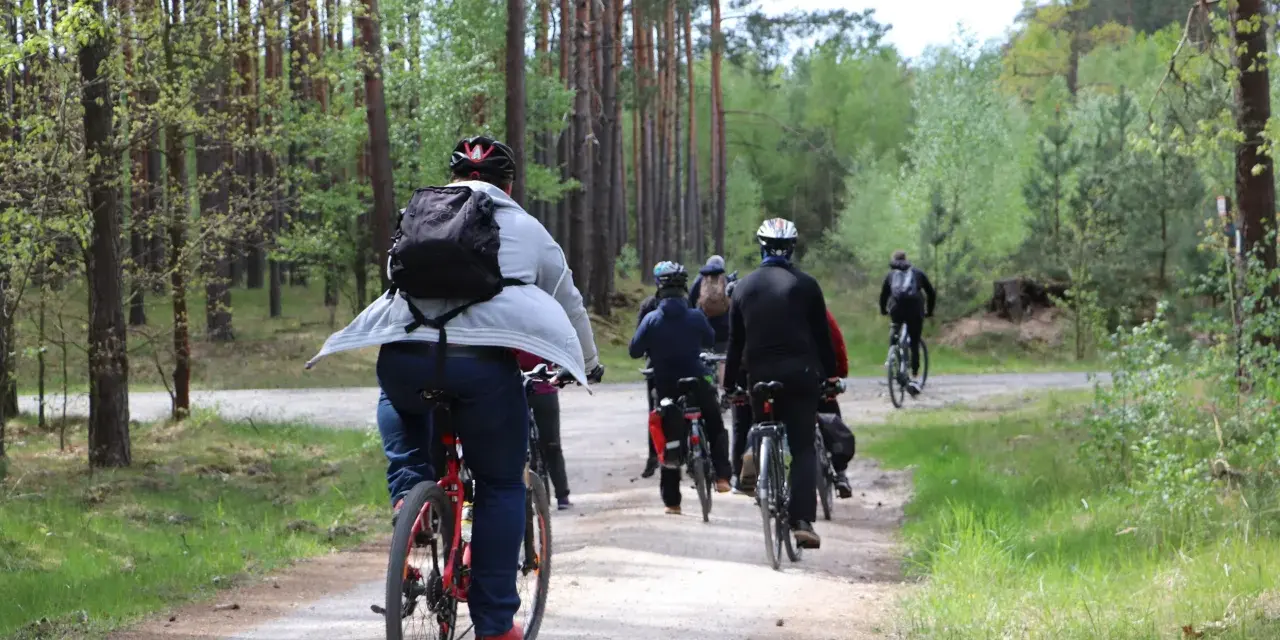 Grupa rowerzystów przemierza leśną ścieżkę. Każdy kilometr to spalony kcal, a widoki wynagradzają wysiłek.