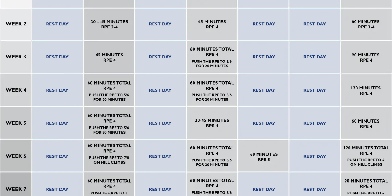 Tabela z planem treningowym na 8 tygodni. Zawiera dni odpoczynku i ćwiczenia o różnej intensywności, np. trening na siłowni.