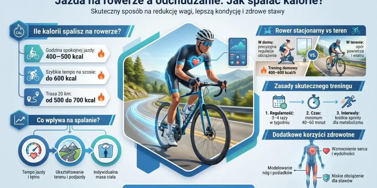 Rowerzysta na malowniczej trasze. Godzina jazdy na rowerze spala 400-700 kcal, zależnie od tempa i terenu.