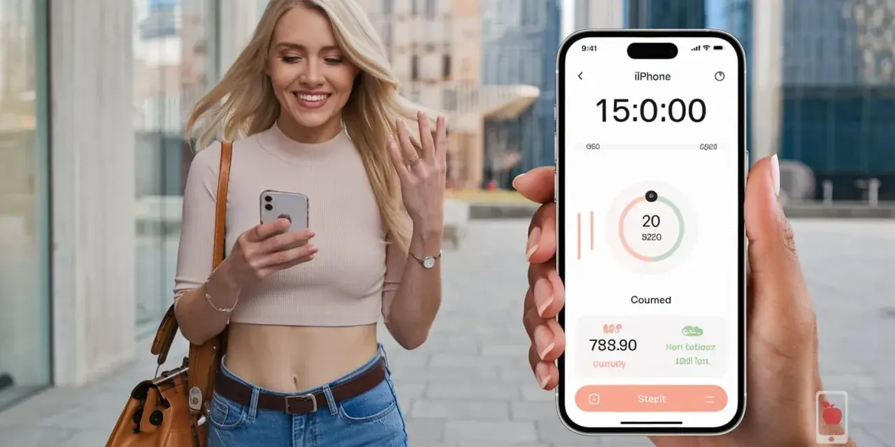 Uśmiechnięta kobieta z telefonem zastanawia się, dlaczego smartwatch nie liczy kroków. Na ekranie telefonu widać aplikację z danymi o aktywności.