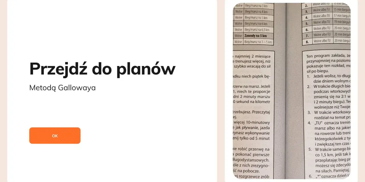 Przejdź do planów treningowych metodą Gallowaya. Tabela zawiera propozycje biegów i marszów.