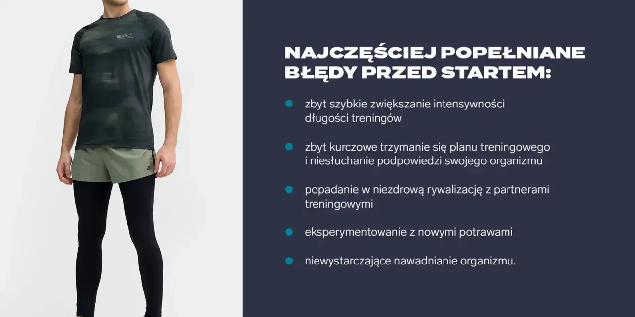 Mężczyzna w stroju sportowym, przygotowujący się do treningu do maratonu. Obok lista najczęstszych błędów popełnianych przed startem.