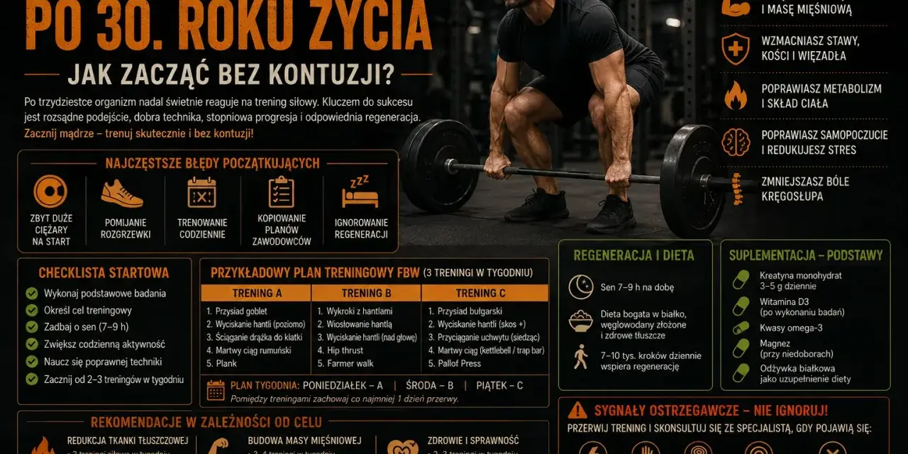 Ćwiczenia na siłowni dla początkujących: mężczyzna podnosi sztangę, plan treningowy FBW, porady dotyczące regeneracji i diety.