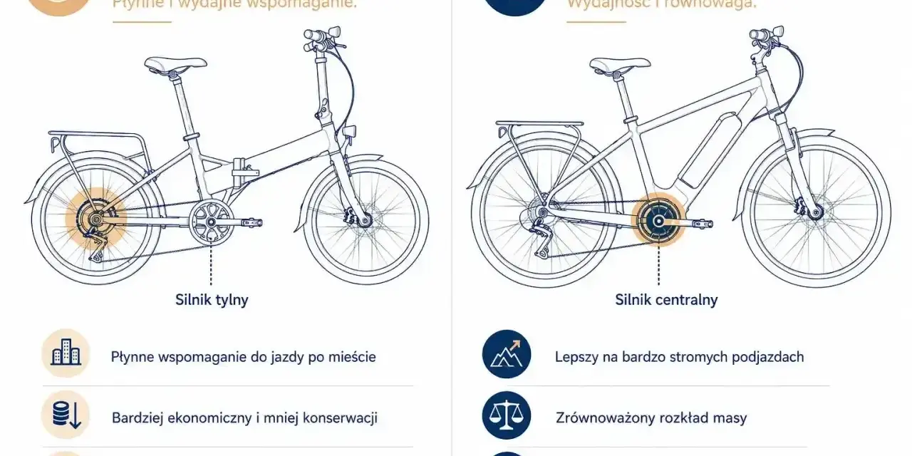 Ilustracja pokazuje, jak działa rower elektryczny: silnik tylny dla płynnej jazdy miejskiej i silnik centralny dla lepszych podjazdów.