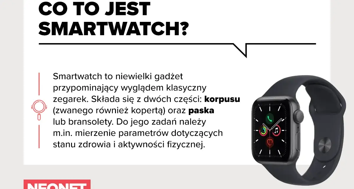 Smartwatch to gadżet przypominający zegarek, składający się z korpusu i paska. Mierzy parametry zdrowia i aktywności.