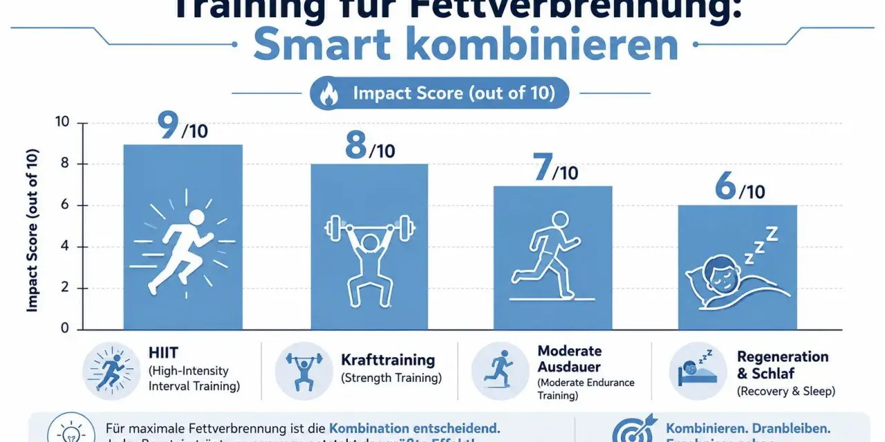 Wykres pokazuje, jak podkręcić metabolizm na maxa: HIIT (9/10), trening siłowy (8/10), umiarkowana wytrzymałość (7/10) i regeneracja ze snem (6/10).
