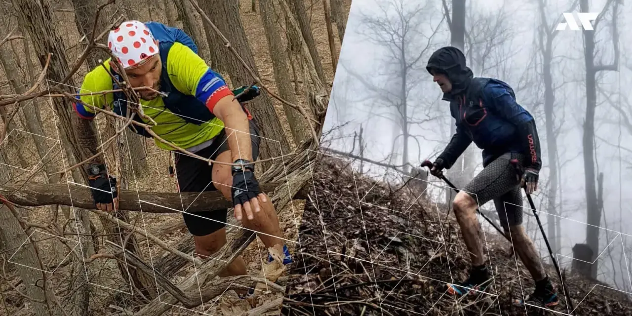 Dwóch biegaczy pokonuje trudny teren podczas Barkley Marathon. Jeden wspina się po drzewach, drugi używa kijków.