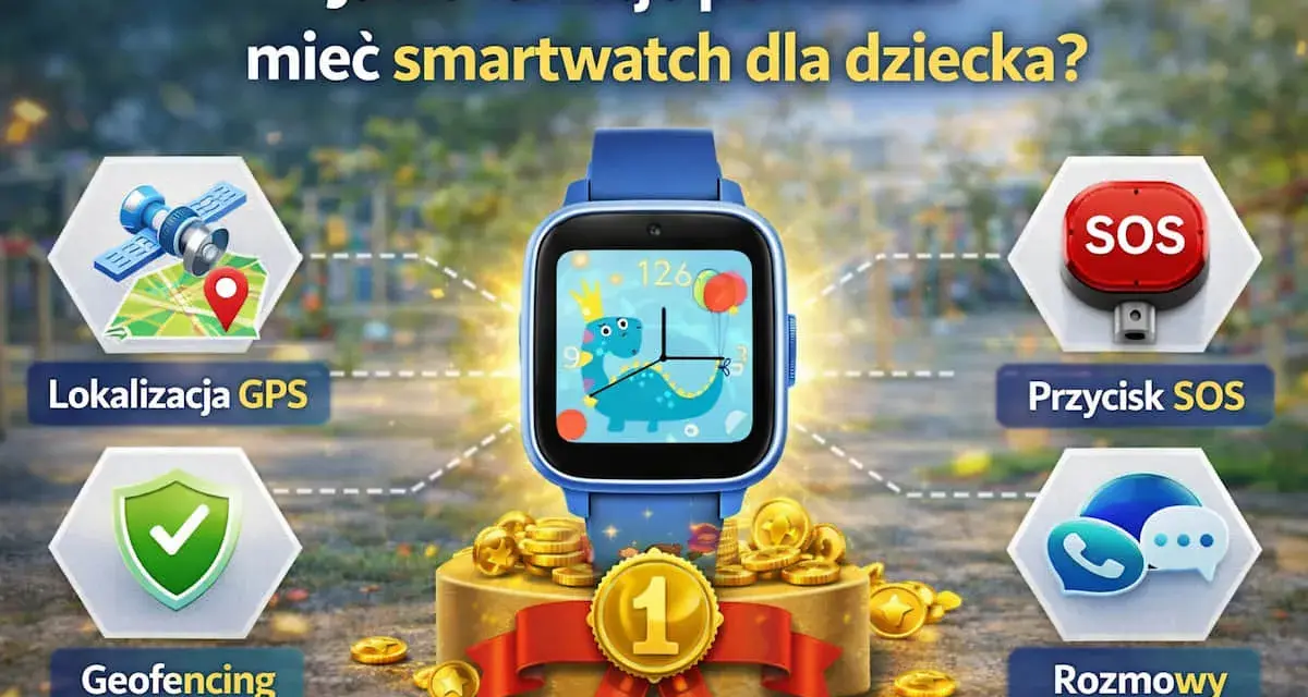 Niebieski smartwatch dla dzieci z dinozaurem na ekranie, otoczony ikonami GPS, SOS, rozmów i geofencingu.