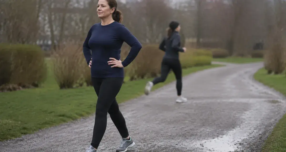 Kobieta w ciemnym stroju sportowym spaceruje po mokrej ścieżce w parku. W tle inna osoba biegnie. 12 km/h jakie to tempo dla niej?
