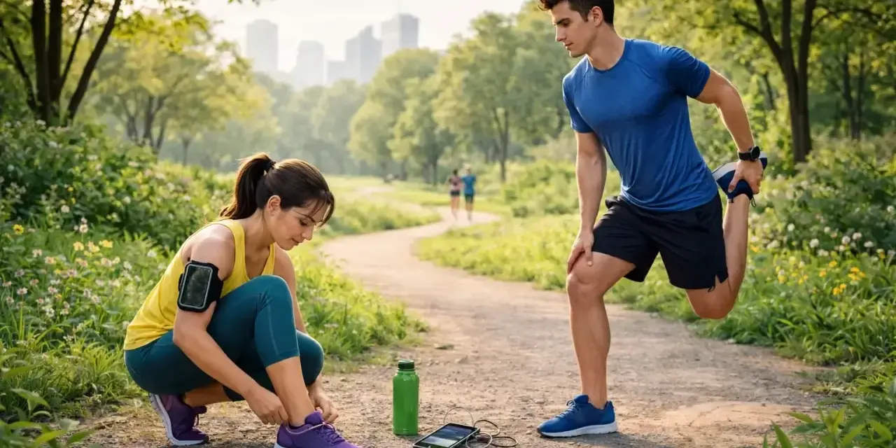 Para, przygotowująca się do biegania w parku. Ona wiąże buty, on rozciąga nogę. To właśnie jogging!