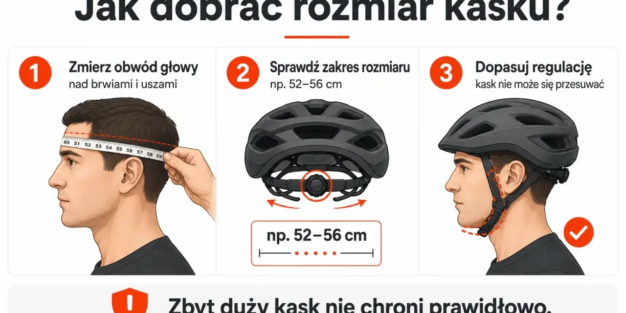 Jak dobrać rozmiar kasku rowerowego: zmierz obwód głowy, sprawdź zakres rozmiaru i dopasuj regulację. Zbyt duży kask nie chroni.