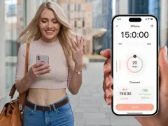 Uśmiechnięta kobieta z telefonem zastanawia się, dlaczego smartwatch nie liczy kroków. Na ekranie telefonu widać aplikację z danymi o aktywności.