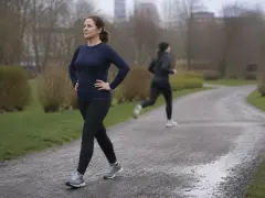 Kobieta w ciemnym stroju sportowym spaceruje po mokrej ścieżce w parku. W tle inna osoba biegnie. 12 km/h jakie to tempo dla niej?