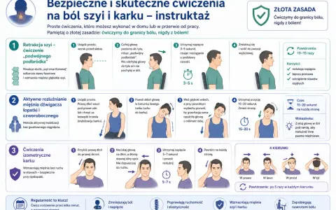 Ćwiczenia na ból szyi i karku: retrakcja szyi, rozluźnianie mięśni, ćwiczenia izometryczne. Pomagają rozluźnić **napięte mięśnie szyi**.