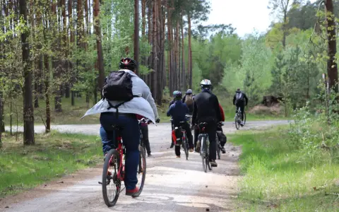 Grupa rowerzystów przemierza leśną ścieżkę. Każdy kilometr to spalony kcal, a widoki wynagradzają wysiłek.
