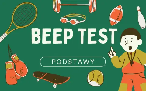 Grafika z napisem "BEEP TEST PODSTAWY" i ikonami sportowymi, jak rakieta tenisowa, rękawice bokserskie, piłka, deskorolka, sztanga, gogle, piłka do futbolu, kręgiel.