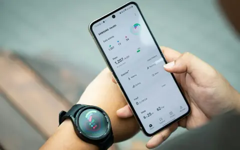 Zegarek smartwatch nie chce się włączyć, a na ekranie telefonu widać aplikację Samsung Health z danymi o aktywności.