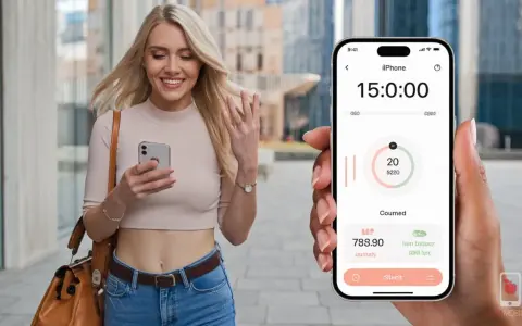 Uśmiechnięta kobieta z telefonem zastanawia się, dlaczego smartwatch nie liczy kroków. Na ekranie telefonu widać aplikację z danymi o aktywności.