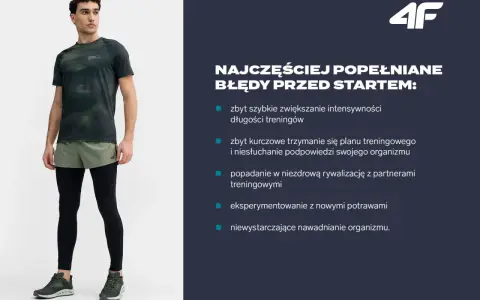 Mężczyzna w stroju sportowym, przygotowujący się do treningu do maratonu. Obok lista najczęstszych błędów popełnianych przed startem.