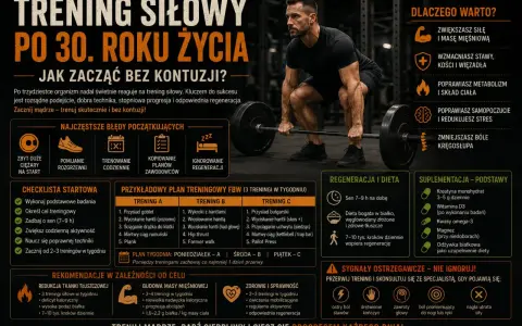 Ćwiczenia na siłowni dla początkujących: mężczyzna podnosi sztangę, plan treningowy FBW, porady dotyczące regeneracji i diety.