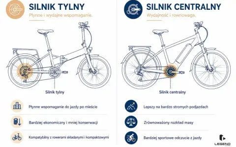 Ilustracja pokazuje, jak działa rower elektryczny: silnik tylny dla płynnej jazdy miejskiej i silnik centralny dla lepszych podjazdów.