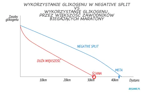 Wykres porównuje wykorzystanie glikogenu w maratonie. Linia czerwona pokazuje, jak większość biegaczy wpada na "ścianę" ok. 30 km, podczas gdy linia niebieska ilustruje strategię negative split, oszczędzającą zasoby do mety.