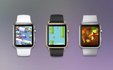 Trzy smartwatche z grami: jedna z ruchem ulicznym, druga z latającym ptakiem, trzecia z owocami.