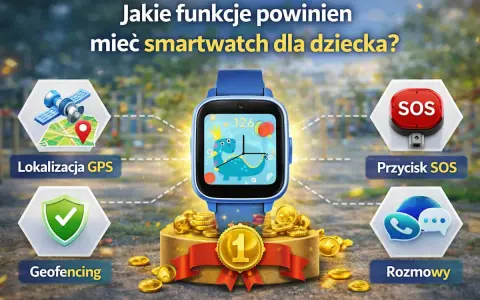 Niebieski smartwatch dla dzieci z dinozaurem na ekranie, otoczony ikonami GPS, SOS, rozmów i geofencingu.