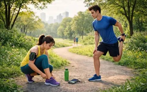 Para, przygotowująca się do biegania w parku. Ona wiąże buty, on rozciąga nogę. To właśnie jogging!