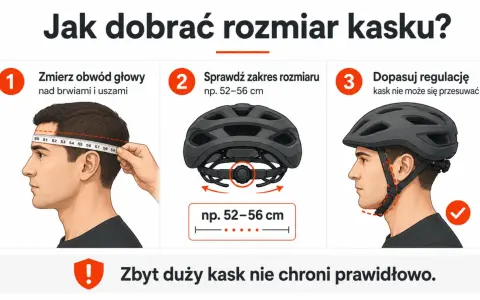 Jak dobrać rozmiar kasku rowerowego: zmierz obwód głowy, sprawdź zakres rozmiaru i dopasuj regulację. Zbyt duży kask nie chroni.