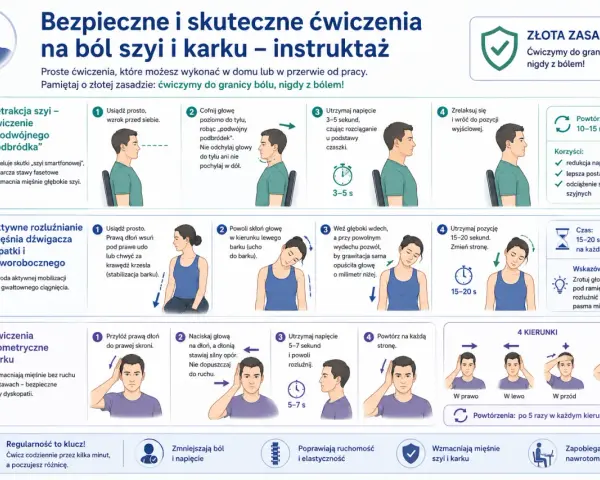 Ćwiczenia na ból szyi i karku: retrakcja szyi, rozluźnianie mięśni, ćwiczenia izometryczne. Pomagają rozluźnić **napięte mięśnie szyi**.