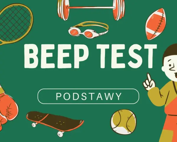 Grafika z napisem "BEEP TEST PODSTAWY" i ikonami sportowymi, jak rakieta tenisowa, rękawice bokserskie, piłka, deskorolka, sztanga, gogle, piłka do futbolu, kręgiel.