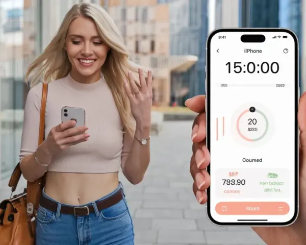 Uśmiechnięta kobieta z telefonem zastanawia się, dlaczego smartwatch nie liczy kroków. Na ekranie telefonu widać aplikację z danymi o aktywności.