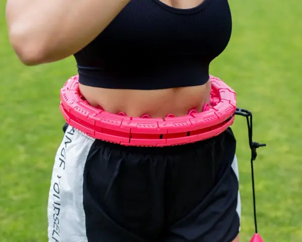 Kobieta ćwiczy z różowym hula hop. Czy hula hop jest szkodliwe? Ten model wydaje się bezpieczny i skuteczny.