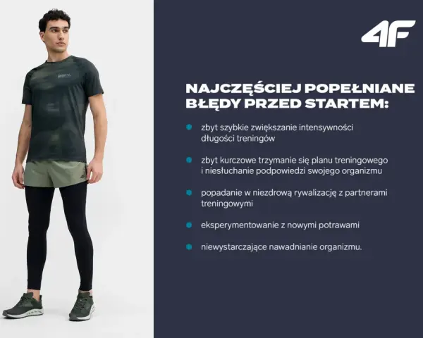 Mężczyzna w stroju sportowym, przygotowujący się do treningu do maratonu. Obok lista najczęstszych błędów popełnianych przed startem.
