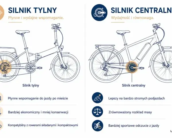 Ilustracja pokazuje, jak działa rower elektryczny: silnik tylny dla płynnej jazdy miejskiej i silnik centralny dla lepszych podjazdów.