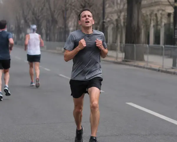 Mężczyzna biegnie w półmaratonie, zdeterminowany, by osiągnąć swój cel.