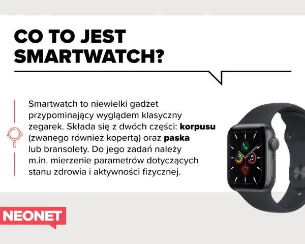 Smartwatch to gadżet przypominający zegarek, składający się z korpusu i paska. Mierzy parametry zdrowia i aktywności.