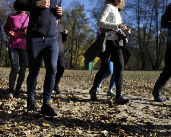 Grupa osób uprawia slow jogging w parku jesienią. Widać ich nogi i fragmenty ubrań. To świetne efekty dla zdrowia i samopoczucia.
