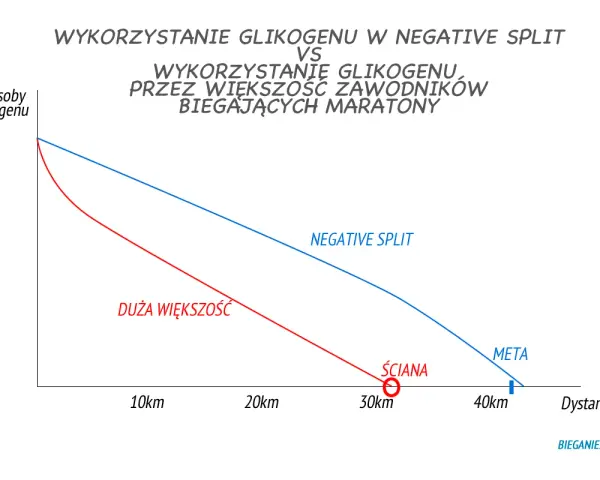 Wykres porównuje wykorzystanie glikogenu w maratonie. Linia czerwona pokazuje, jak większość biegaczy wpada na "ścianę" ok. 30 km, podczas gdy linia niebieska ilustruje strategię negative split, oszczędzającą zasoby do mety.