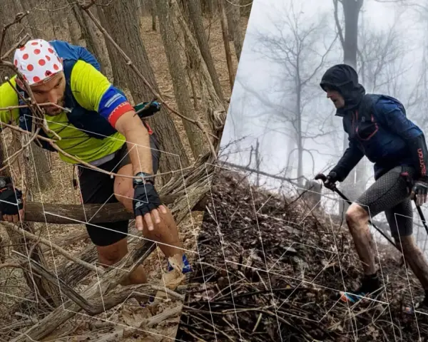 Dwóch biegaczy pokonuje trudny teren podczas Barkley Marathon. Jeden wspina się po drzewach, drugi używa kijków.