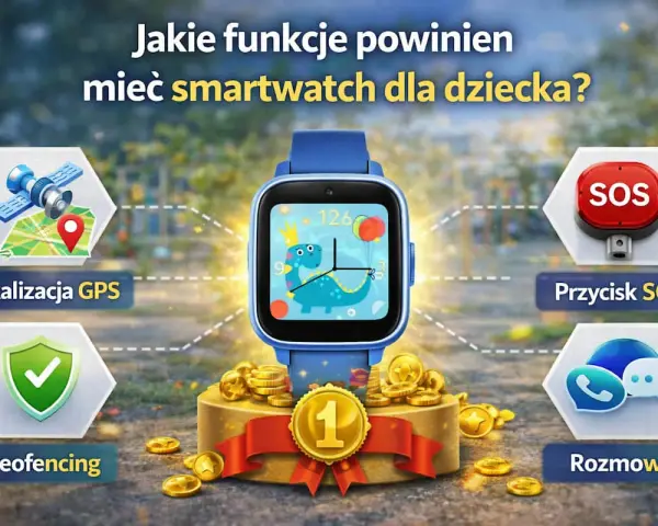 Niebieski smartwatch dla dzieci z dinozaurem na ekranie, otoczony ikonami GPS, SOS, rozmów i geofencingu.