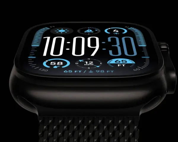 Czarny smartwatch z ekranem pokazującym godzinę 10:09:30, temperaturę 58, wiatr 12 MPH i głębokość 65 FT. Dowiedz się, jak włączyć powiadomienia na smartwatch.