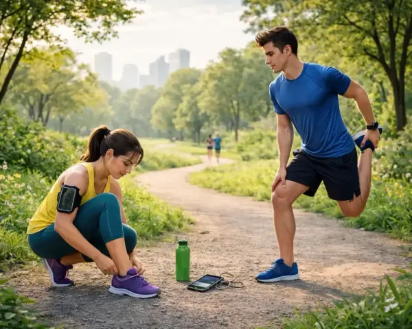 Para, przygotowująca się do biegania w parku. Ona wiąże buty, on rozciąga nogę. To właśnie jogging!