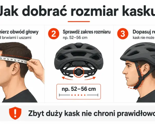 Jak dobrać rozmiar kasku rowerowego: zmierz obwód głowy, sprawdź zakres rozmiaru i dopasuj regulację. Zbyt duży kask nie chroni.