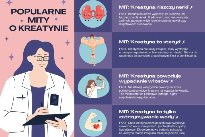 Kreatyna dla kobiet: obalamy mity o niszczeniu nerek, sterydach, wypadaniu włosów i zatrzymywaniu wody. Zwiększa masę mięśniową i siłę.