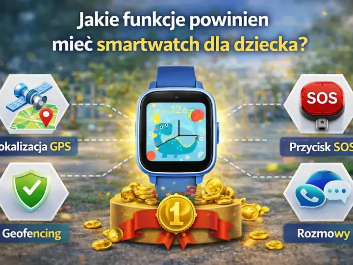 Niebieski smartwatch dla dzieci z dinozaurem na ekranie, otoczony ikonami GPS, SOS, rozmów i geofencingu.