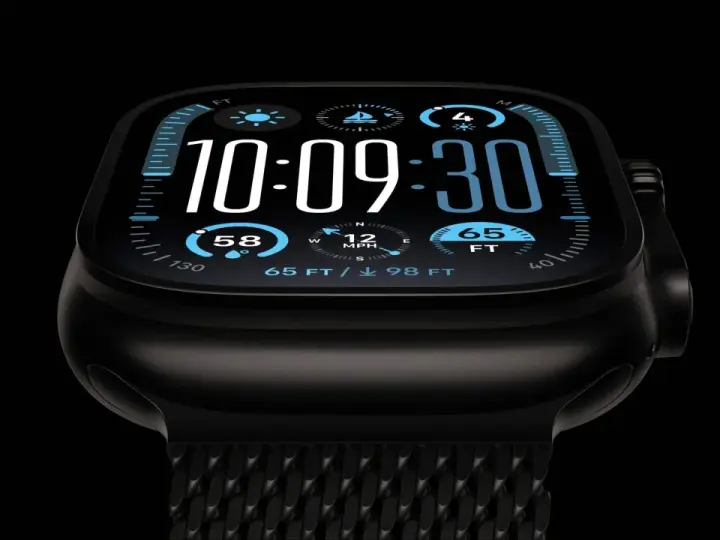 Czarny smartwatch z ekranem pokazującym godzinę 10:09:30, temperaturę 58, wiatr 12 MPH i głębokość 65 FT. Dowiedz się, jak włączyć powiadomienia na smartwatch.