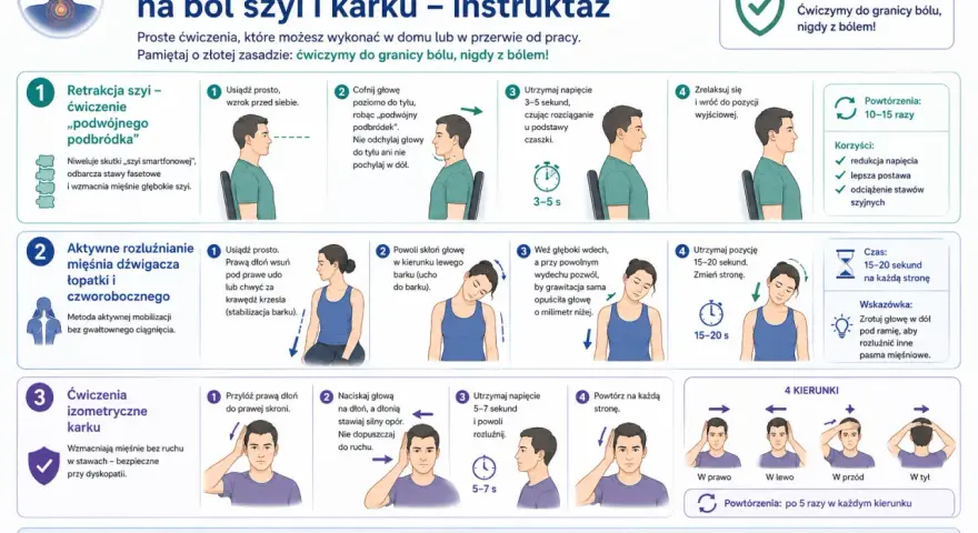 Ćwiczenia na ból szyi i karku: retrakcja szyi, rozluźnianie mięśni, ćwiczenia izometryczne. Pomagają rozluźnić **napięte mięśnie szyi**.